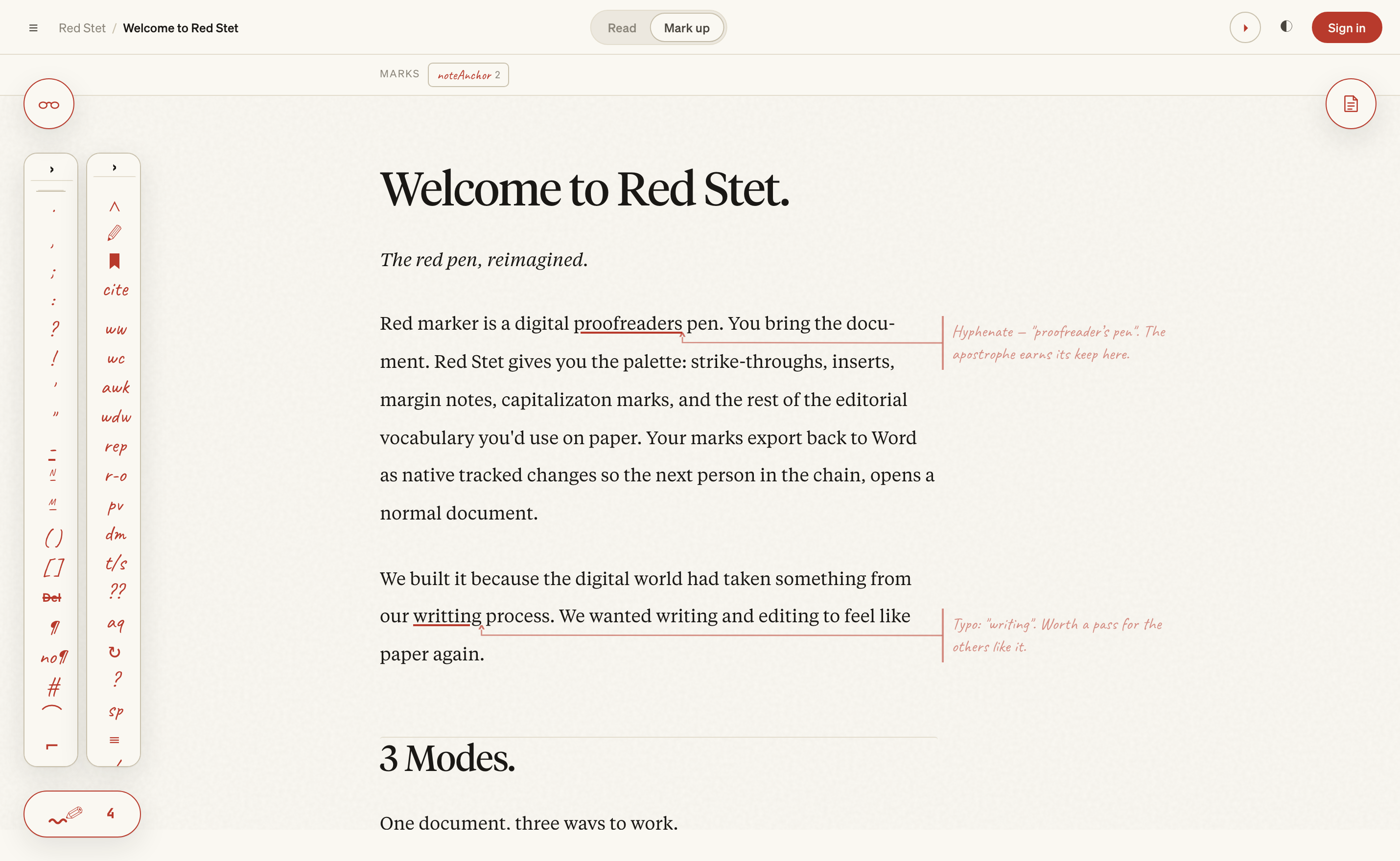 The Red Stet editor in Mark up mode — the proofreading-marks palette in the left gutter, two phrases underlined in the prose, and two margin notes connected back to the text with hairlines.